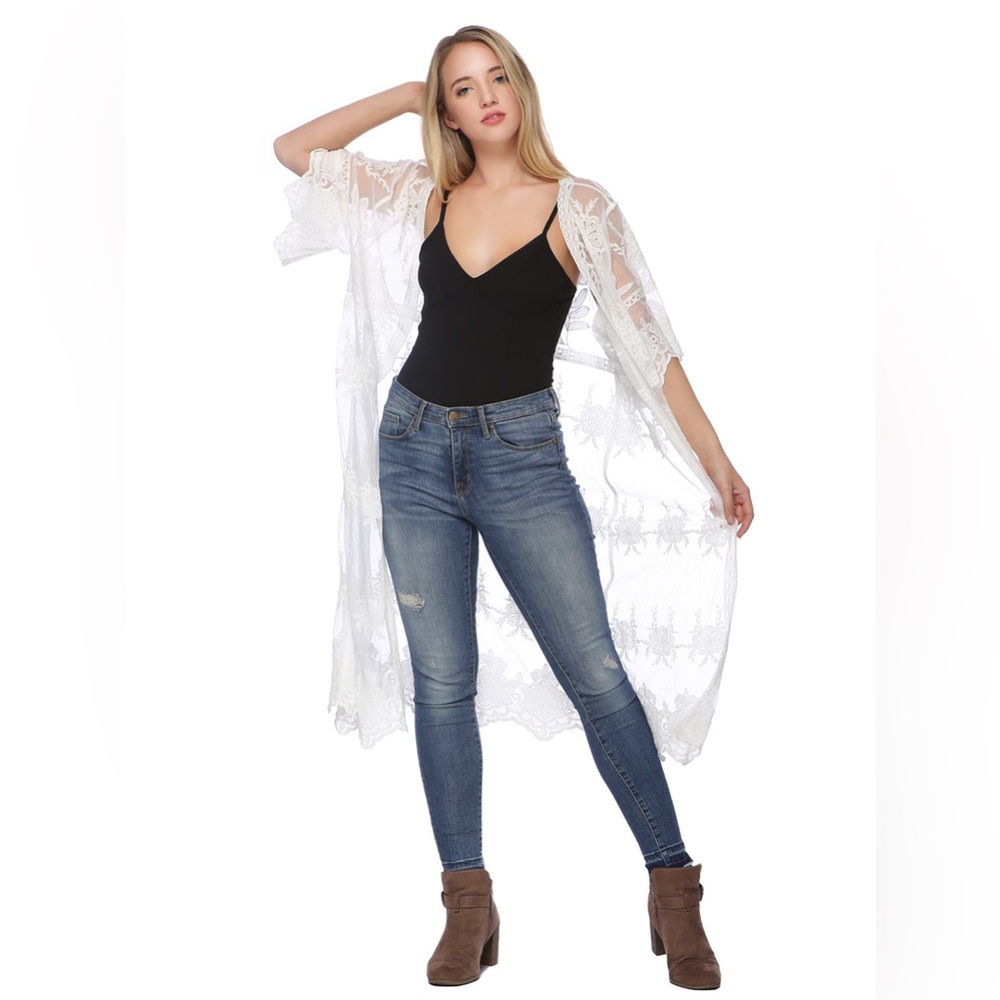 2Bella White Lace Embroidered Floral Butterfly Kimono Cover Up Cardigan Duster